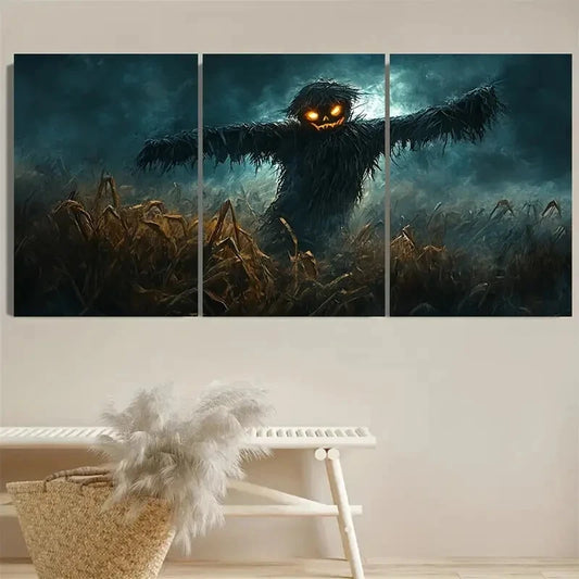 3pcs Halloween Scarecrow with Glowing Eyes Metal Print Ready to Hang Art