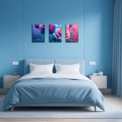 3pcs Vibrant Abstract Pink & Blue Floral Design Metal Print Ready to Hang Art