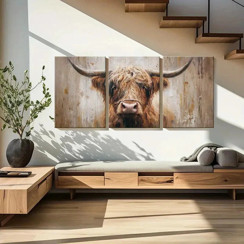3pcs Highland Cow Art Rustic Farmhouse Painting Metal Print Ready to Hang Art
