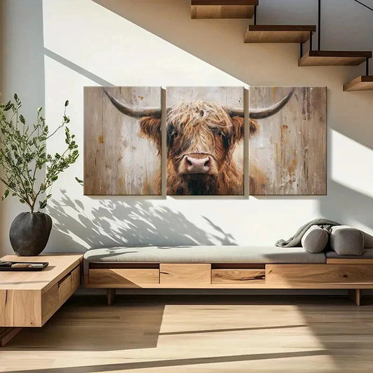 3pcs Highland Cow Art Rustic Farmhouse Painting Metal Print Ready to Hang Art