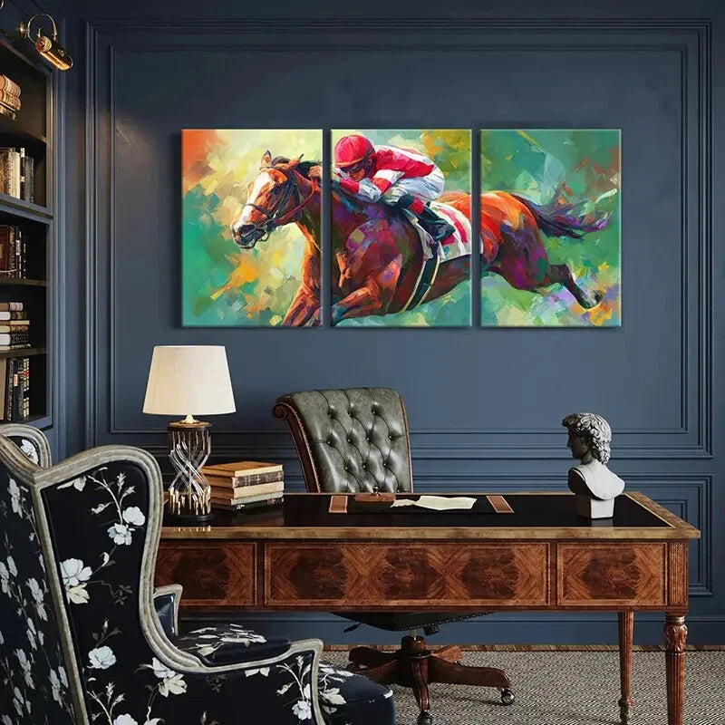 3pcs Equestrian Scene Vibrant Colors Abstract Metal Print Ready to Hang Art