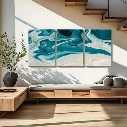 3pcs Blue Green Fluid Gradient Line Wall Art Set Canvas Framed 40x60cm - High Quality Print 100% Australian Made Wall Canvas Ready to Hang