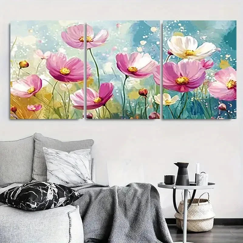 3pcs Pink Cosmos Floral Abstract Metal Print Ready to Hang Art