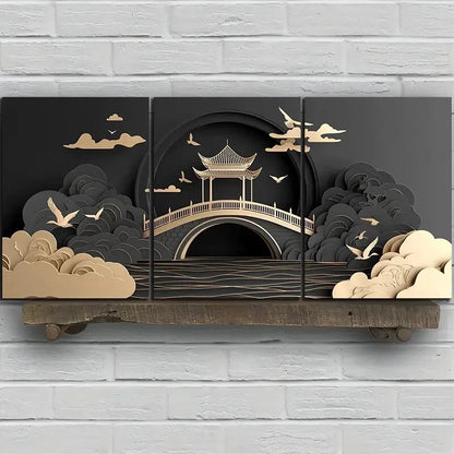 3pcs Beautiful Arch Bridge Golden Themed Metal Print Ready to Hang Art