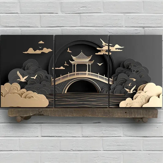 3pcs Beautiful Arch Bridge Golden Themed Metal Print Ready to Hang Art