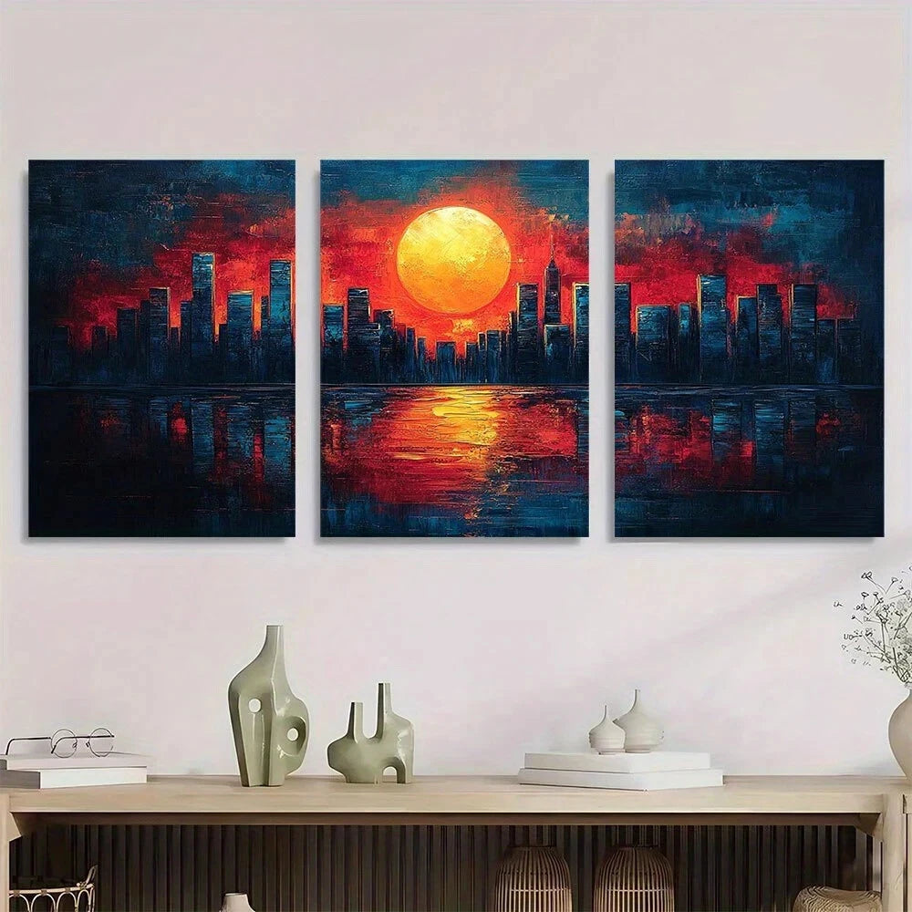 3pcs Abstract Cityscape Vibrant Orange Sunset Sky Metal Print Ready to Hang Art