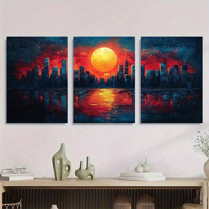 3pcs Abstract Cityscape Vibrant Orange Sunset Sky Metal Print Ready to Hang Art