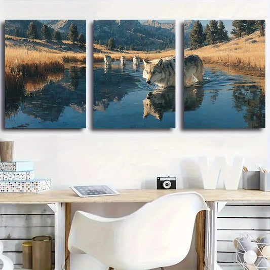 3pcs Wolf Leading The Pack Hidden Water Source Metal Print Ready to Hang Art