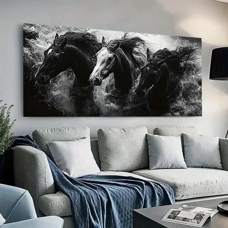 Black & White Horses Water Wall Art wall canvas office home room framed 120x60cm - Bella Home Decor