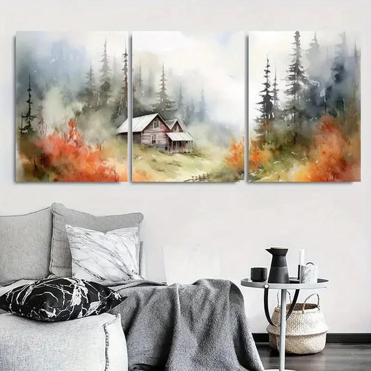 3pcs Mountain Cottage in Misty Forest Metal Print Ready to Hang Art