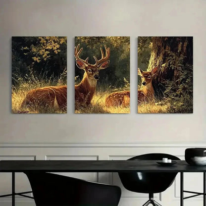 3pcs Two Deer Oil Painting Nature Scene Metal Print Ready to Hang Art