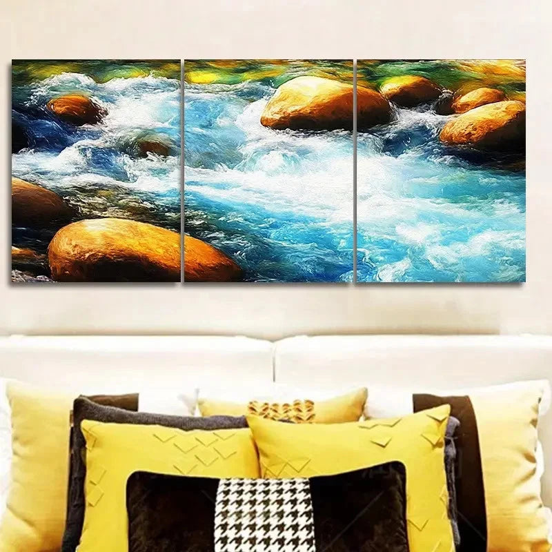 3pcs River Water Flows Over Ancient Stones Wall Art Set Canvas Framed 40x60cm - High Quality Print 100% Australian Made Wall Canvas Ready to Hang