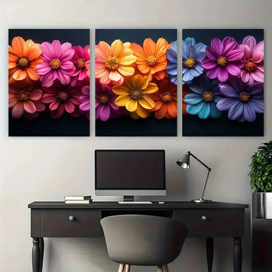 3pcs White Floral Abstract Modern Textured Metal Print Ready to Hang Art