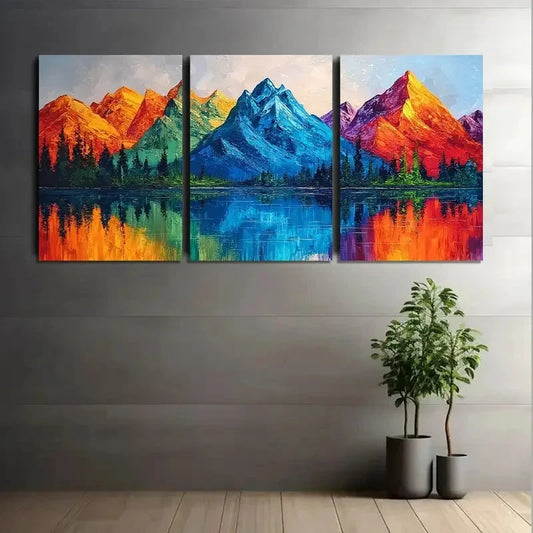 3pcs Colorful Mountain Range with Lake Reflections Metal Print Ready to Hang Art