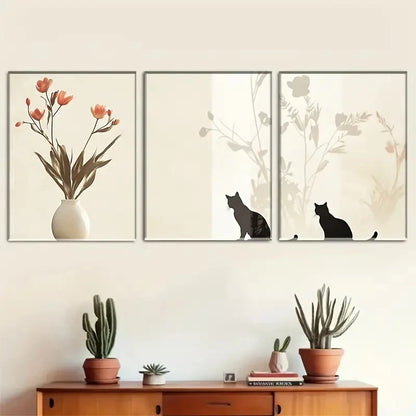 3pcs Charming Cat and Floral Wall Decor Metal Print Ready to Hang Art