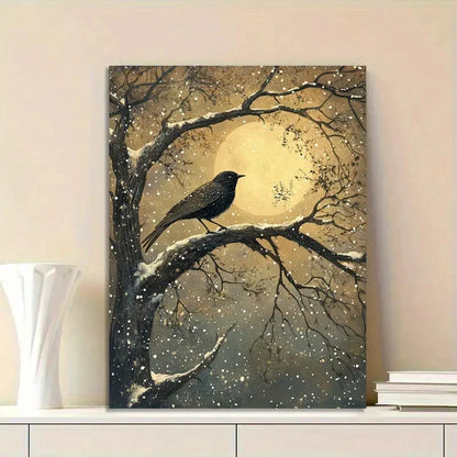 Serene Moonlit Bird & Tree Snowfall Scene with Starry 40x60cm Metal Print Ready to Hang
