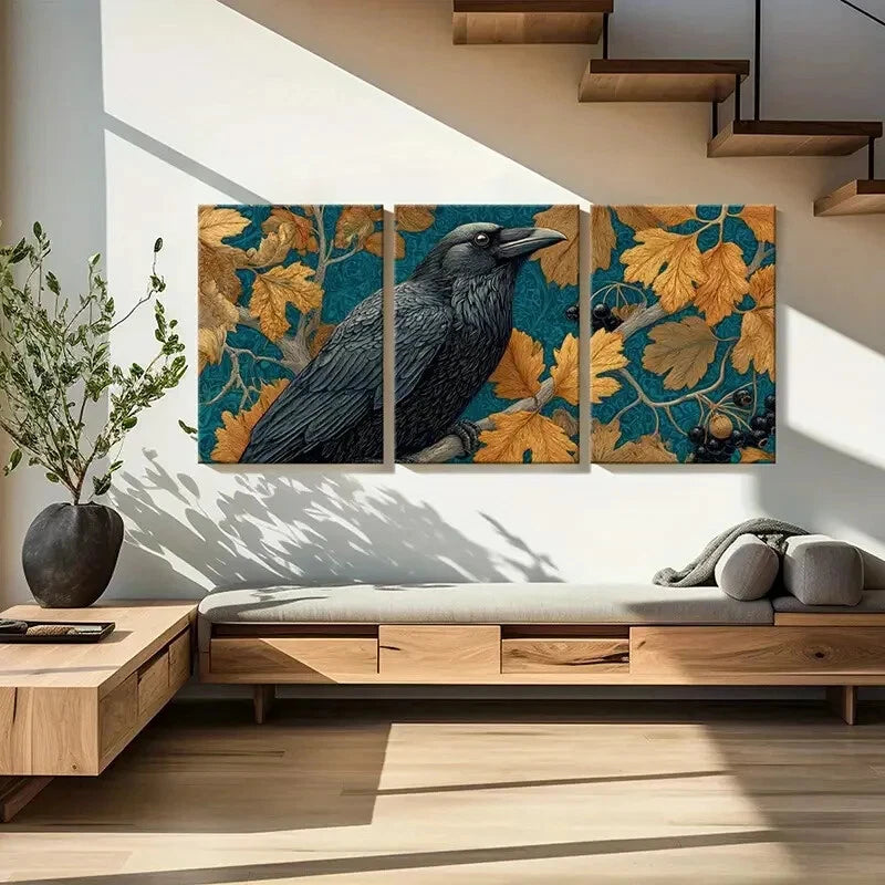 3pcs Elegant Crow Nature & Botanical Theme Metal Print Ready to Hang Art