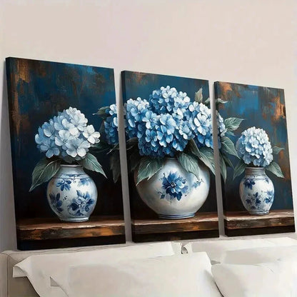 3pcs Elegant Vintage Blue & White Floral Wall Art Set Canvas Framed 40x60cm - High Quality Print 100% Australian Made Wall Canvas Ready to Hang