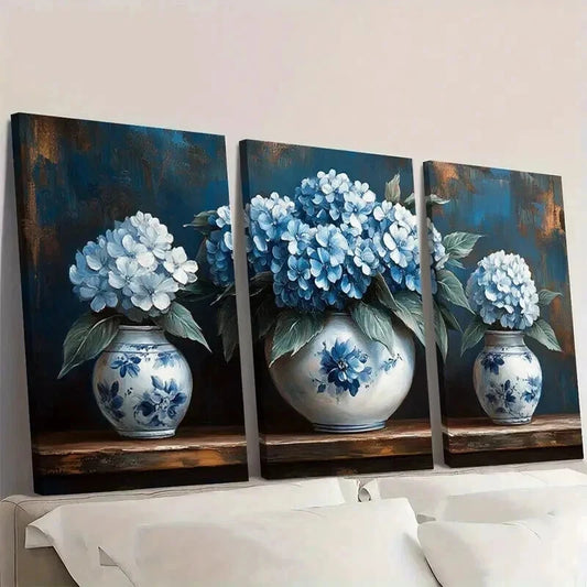 3pcs Elegant Vintage Blue & White Floral Wall Art Set Canvas Framed 40x60cm - High Quality Print 100% Australian Made Wall Canvas Ready to Hang