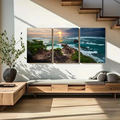 3pcs Sunset Coastline Ocean Waves & Rocky Shore Wall Art Set Canvas Framed 40x60cm - High Quality Print 100% Australian Made Wall Canvas Ready to Hang