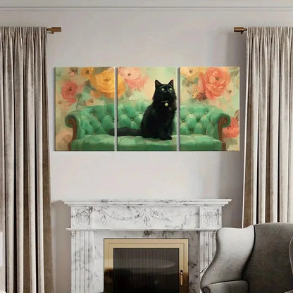 3pcs Elegant Black Cat Green Eyes Vintage Sofa Metal Print Ready to Hang Art