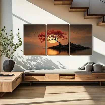 3pcs Sunset Tree Silhouette Red Leaves Tranquil Metal Print Ready to Hang Art
