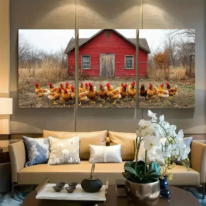3pcs Group Of Chickens Roaming On Farm Ground Metal Print Ready to Hang Art