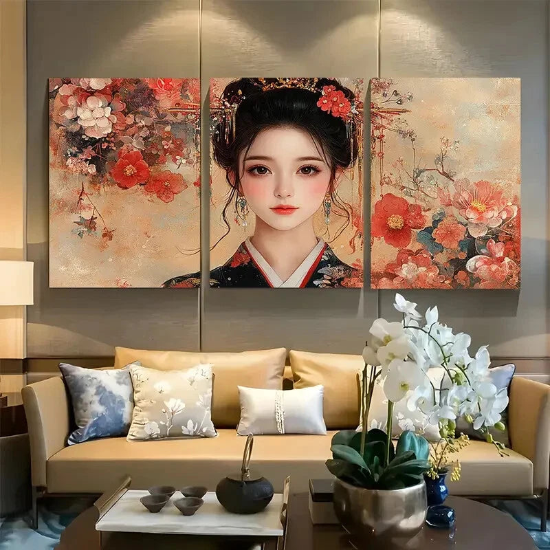3pcs Floral Traditional Japanese Elegant Geisha Metal Print Ready to Hang Art