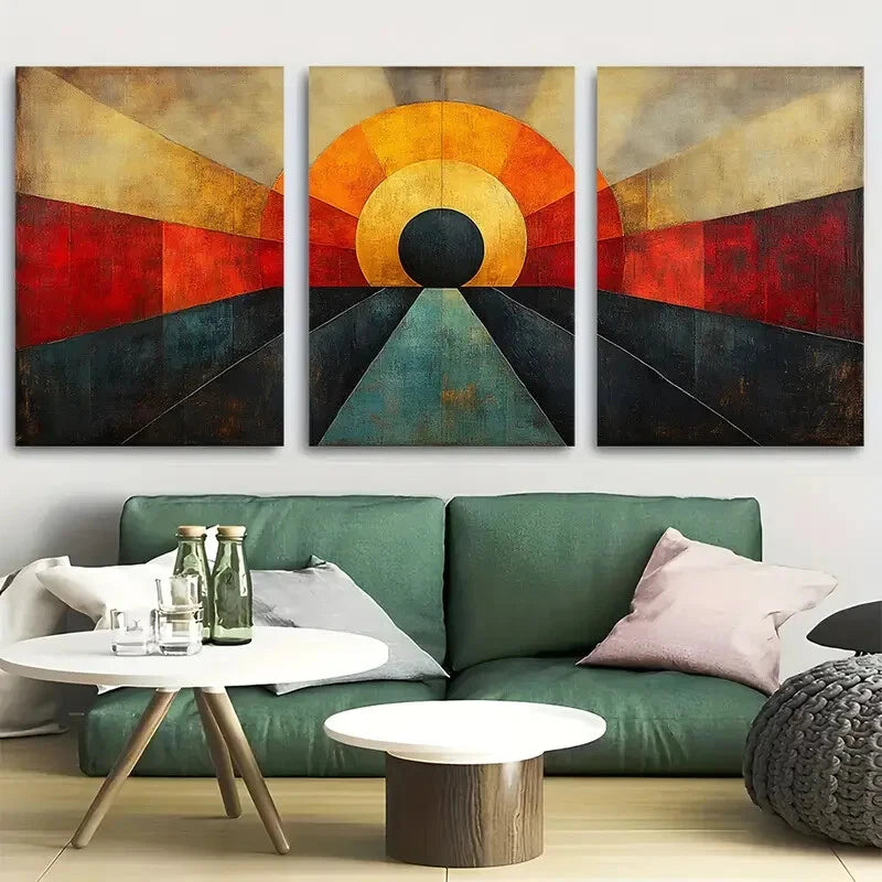 3pcs Mid Century Modern Sunburst Abstract Design Metal Print Ready to Hang Art