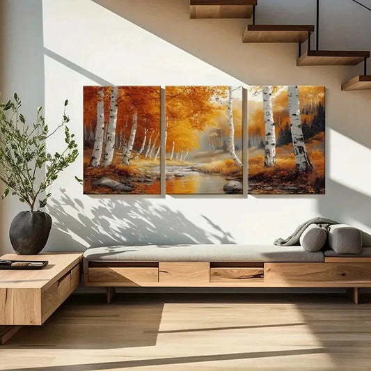 3pcs Autumn Birch Trees Golden Leaves Serene Metal Print Ready to Hang Art