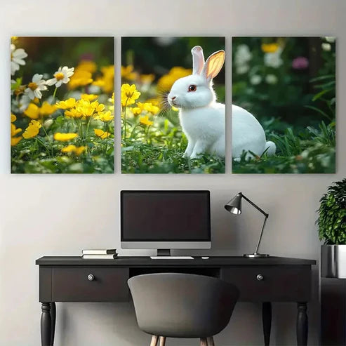 3pcs Charming White Bunny Spring Floral Wall Art Set Canvas Unframed - High Quality Print 100% Australian Made Wall Canvas