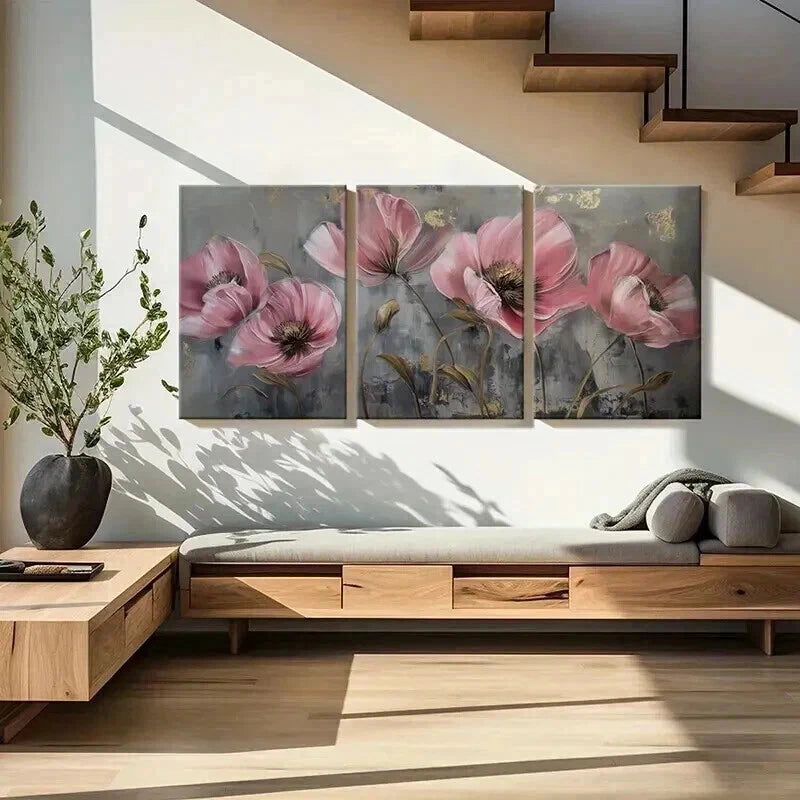3pcs Abstract Pink Golden Flowers Vintage Metal Print Ready to Hang Art