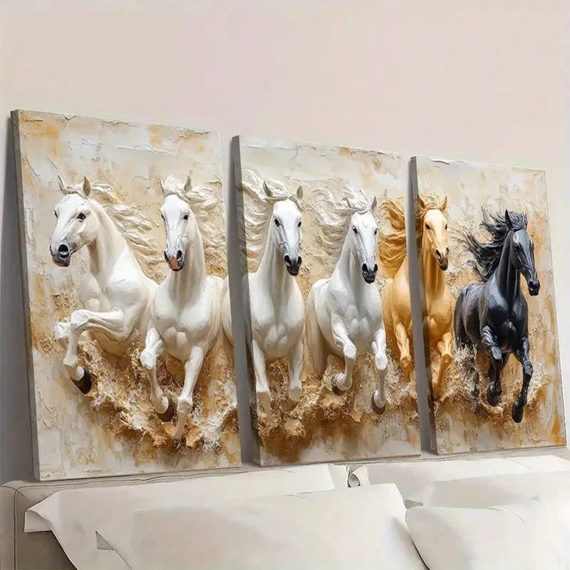 3pcs Seven Lucky Running Wild Horses U Wall Art Set Canvas Framed 50x70cm - High Quality Print 100% Australian Made Wall Canvas Ready to Hang