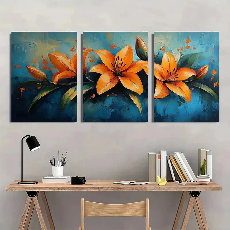 3pcs Lily Flower Oil Painting Abstract Original Metal Print Ready to Hang Art