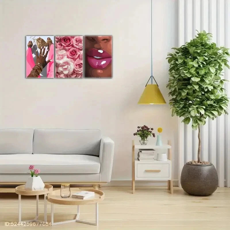 3pcs Pink Rose Art Poster Exquisite Female Metal Print Ready to Hang Art