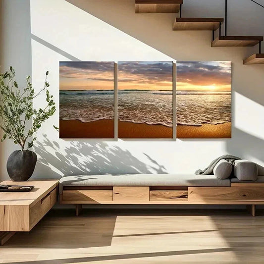3pcs Natural Landscape Art with Sunset and Waves Wall Art Set Canvas Framed 40x60cm - High Quality Print 100% Australian Made Wall Canvas Ready to Hang