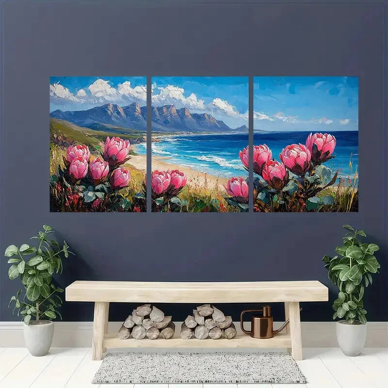 3pcs Vibrant Protea Flowers & Beach Scene Metal Print Ready to Hang Art
