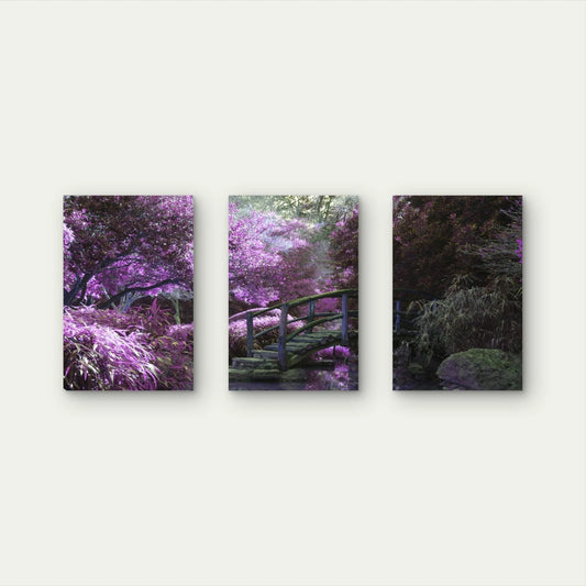 3pcs Purple Japanese Garden Forest Wall Art Set Canvas Framed 50x70cm - High Quality Print 100% Australian Made Wall Canvas Ready to Hang