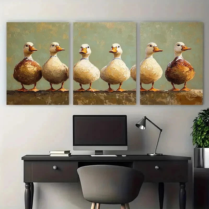 3pcs Modern Farmhouse Beige Brown White Ducks Metal Print Ready to Hang Art