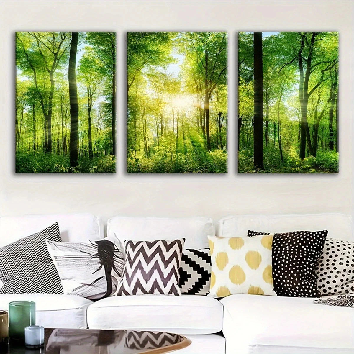 3pcs Sunlit Forest Vibrant Green Sunbeams Through Metal Print Ready to Hang Art