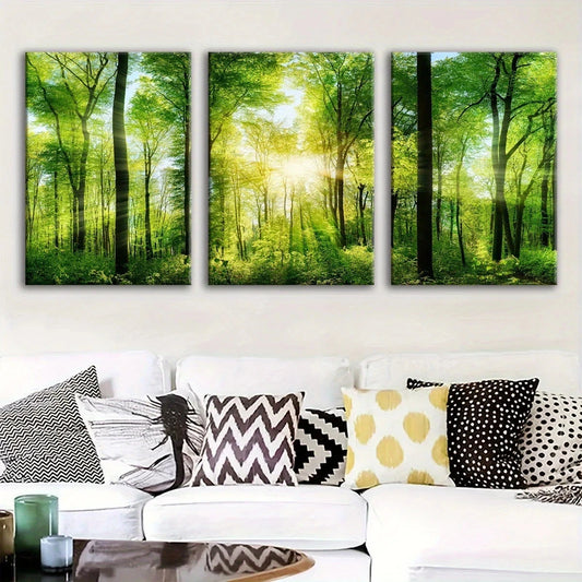 3pcs Sunlit Forest Vibrant Green Sunbeams Through Metal Print Ready to Hang Art