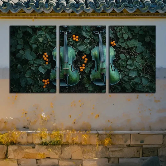 3pcs Green Violin with Greenery Design Metal Print Ready to Hang Art