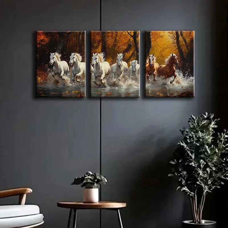 3pcs Majestic Running Horses Triptych Artwork Metal Print Ready to Hang Art