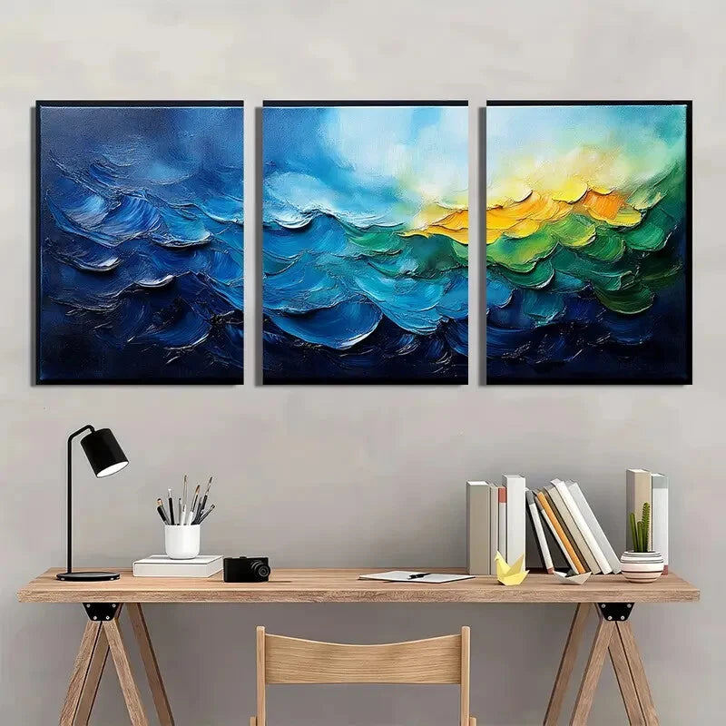 3pcs Abstract Ocean Wave Blue & Green Minimalist Metal Print Ready to Hang Art