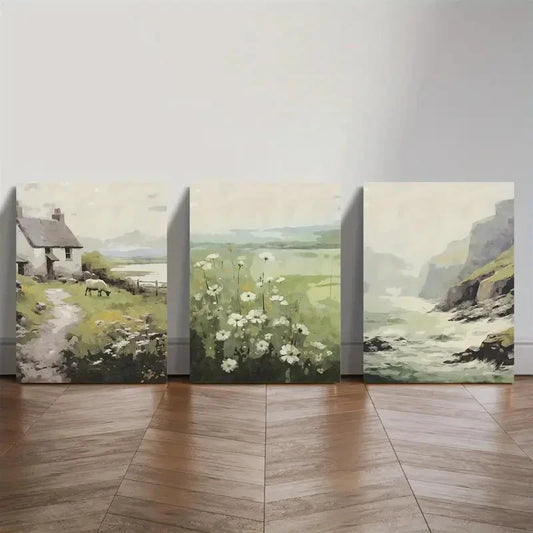 3pcs Painting Cliffs of Thatched House Metal Print Ready to Hang Art