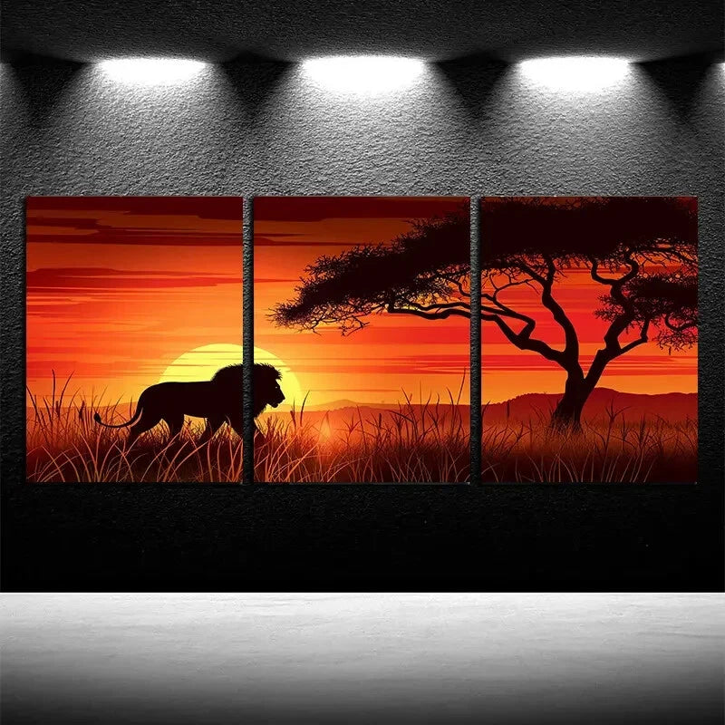 3pcs Lion on The Grassland Illustration Metal Print Ready to Hang Art