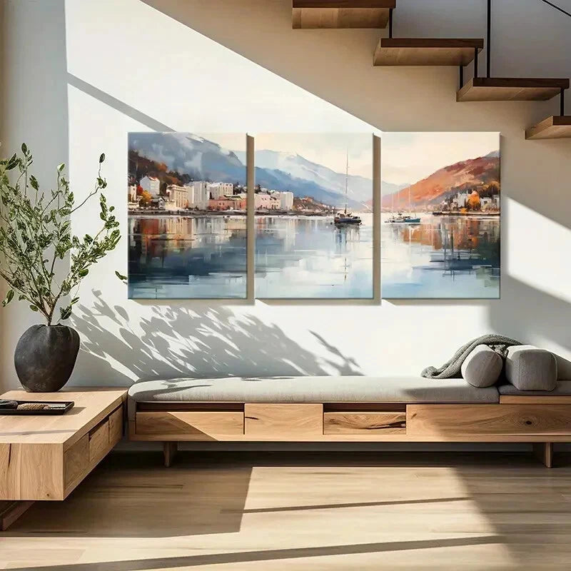 3pcs Harbor Scene Autumn Colors Abstract Cityscape Metal Print Ready to Hang Art