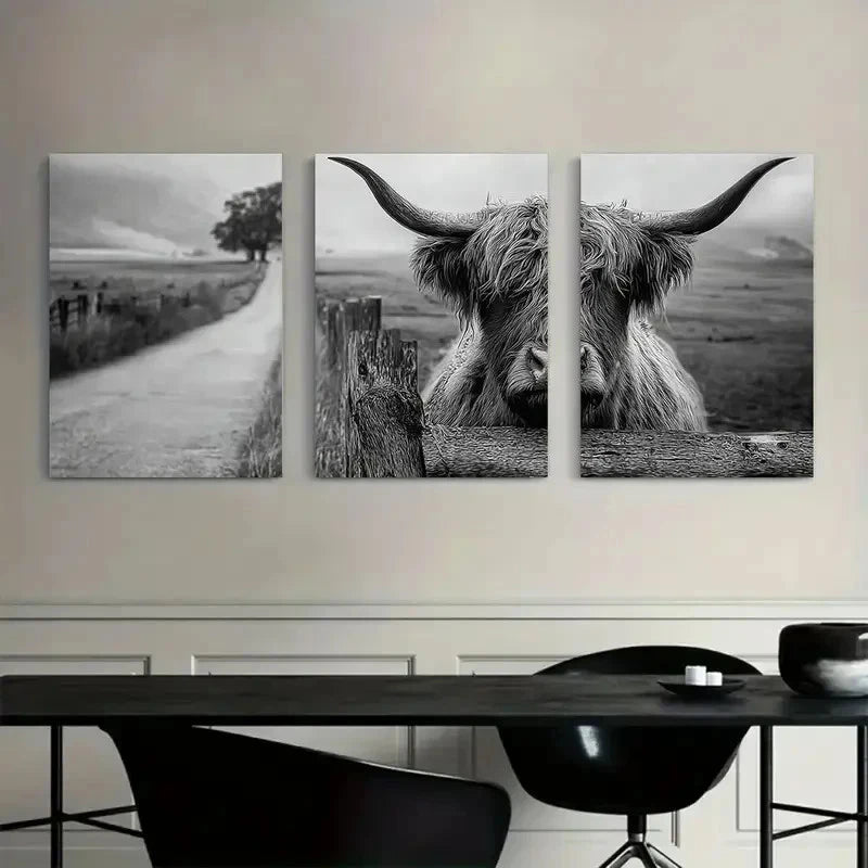 3pcs Black-and-White Highland Cow Behind a Fence Metal Print Ready to Hang Art