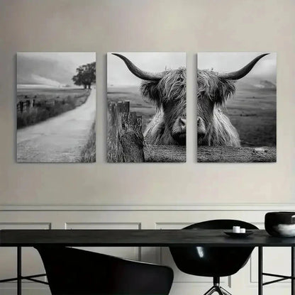 3pcs Black-and-White Highland Cow Behind a Fence Metal Print Ready to Hang Art