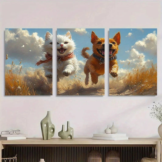 3pcs Whimsical Cat Riding Dog Playful Animal Metal Print Ready to Hang Art